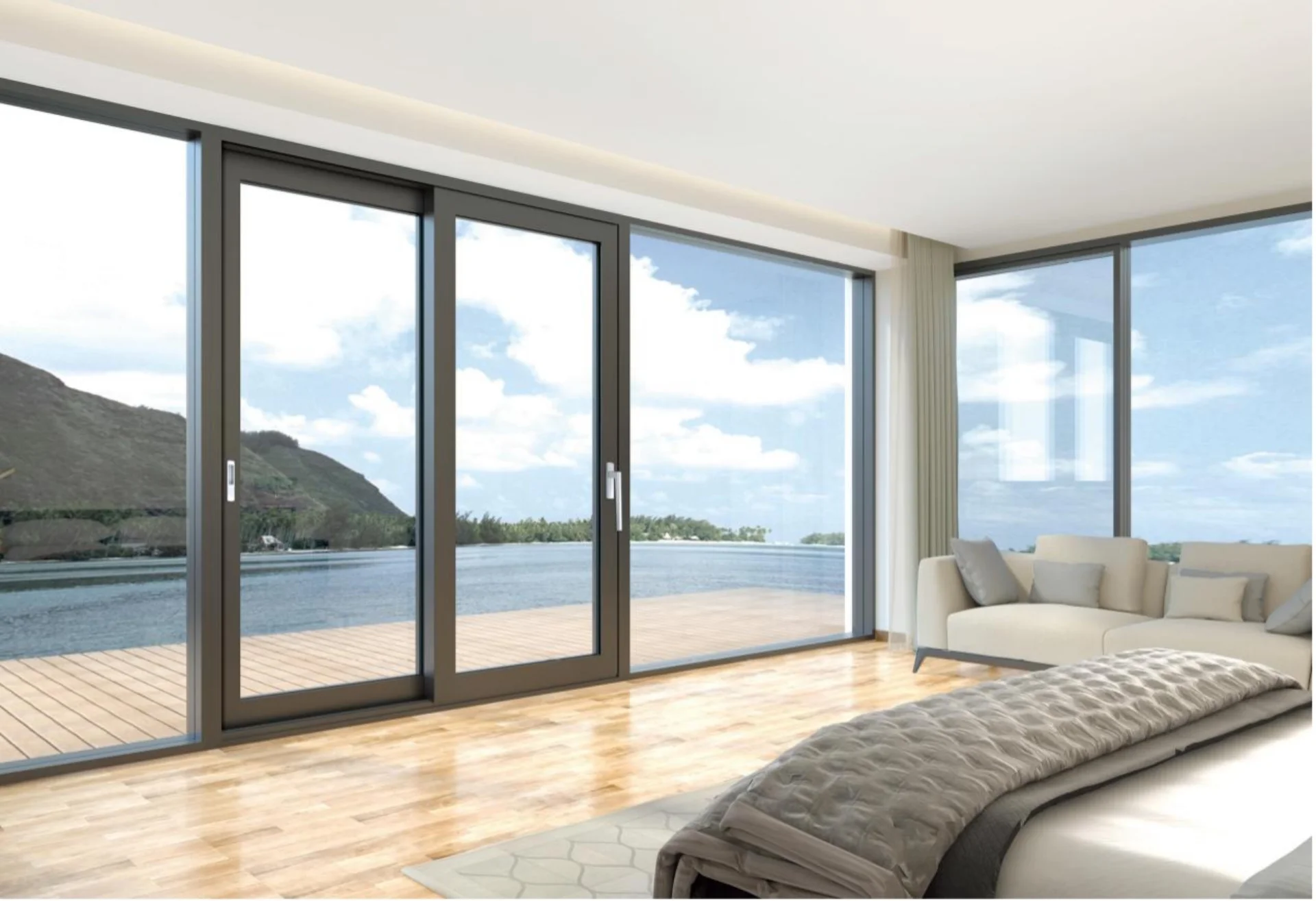 Modern glass house with lake view